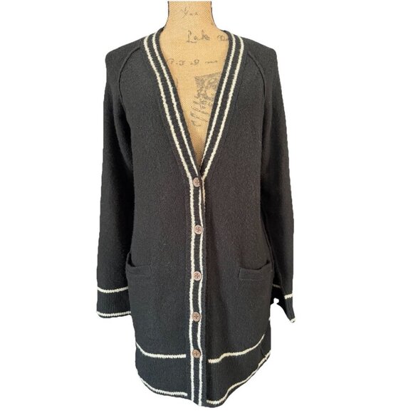 LUCKY BRAND Black Varsity-stripe Sweater Long Cardigan Coat Vneck Pockets SMALL - Picture 2 of 9